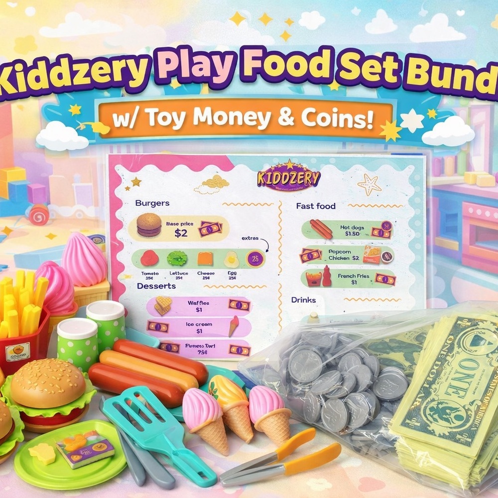 Kiddzery Play Food Set Bundle w/ Toy Money Coins Play
